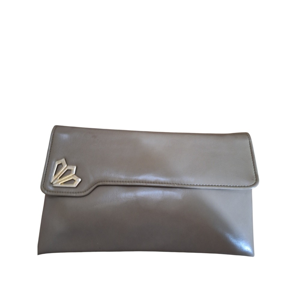 Vintage Taupe Faux Leather Envelope Clutch Bag Art‎ Deco Gold Hardware Mirror